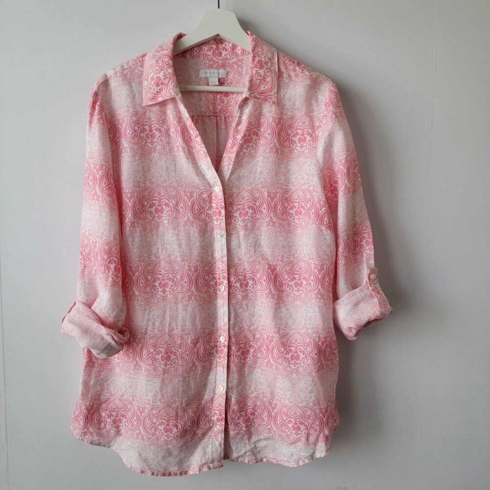 Charter‎ Club 100% Linen pink white Button Down Roll tab sleeve Shirt size L